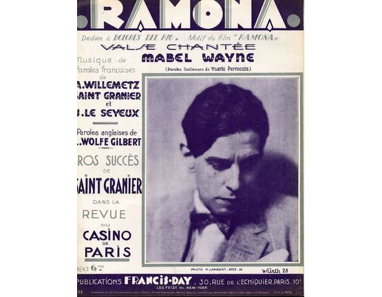 10223 | Ramona - Waltz Song - For Piano and Voice - Gros Succes de Saint Granier dans la Revue du Casino de Paris -  French Edition