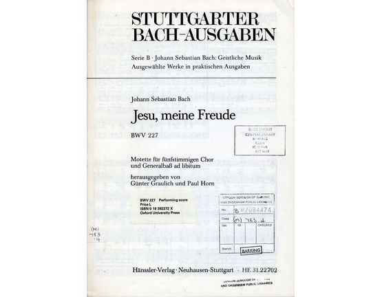 10431 | Jesu, meine Freude - BWV 227 - For 2 Sopranos, Alt, Tenor and Bass with Basso Continuo and Orga ad lib. - Stuttgarter Bach Ausgaben series - HE 31.227