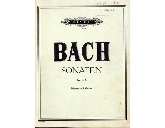 11694 | Bach - Sonata's No. 4, 5 & 6 - For Piano and Violin - Edition Peters No. 233