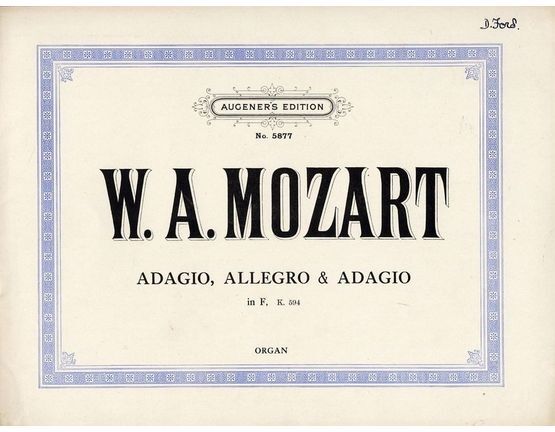 2767 | Mozart Adagio, Allegro & Adagio in F - K. 594 - Organ - Augeners Edition No. 5877