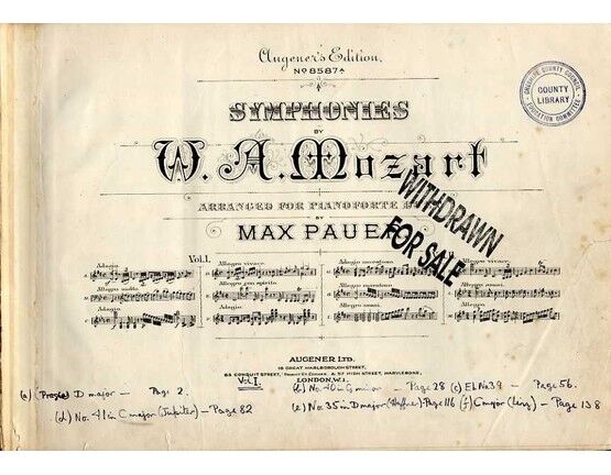 2767 | Mozart - Symphonies I to VI arranged for Pianoforte Duet - Augener's Edition No. 8587A