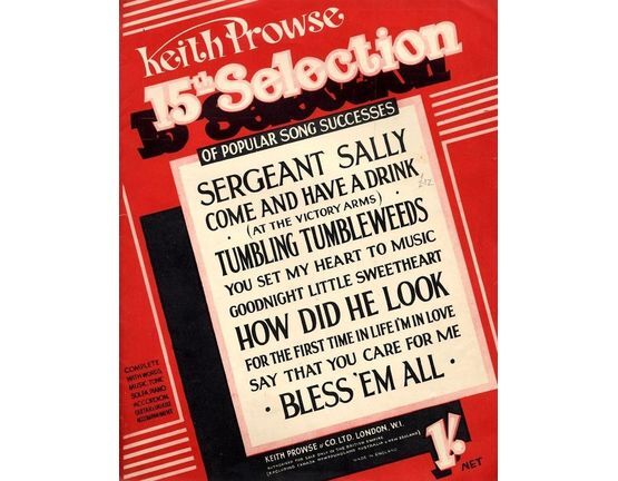3622 | Keith prowse 15th Selection of Popular Song Successes - Complete with Words, Music, Toni Sol-Fa, Piano ACcordion, Guitar and Ukulele Accompaniment