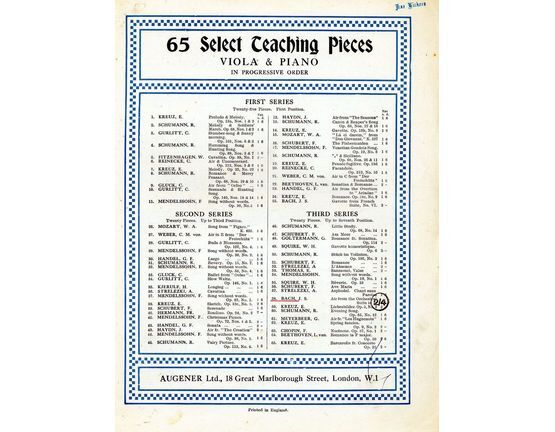 4040 | Air from the Orchestral Suite in D - From 65 Select Teaching Pieces - For Viola and Piano