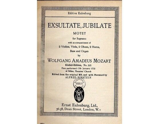 4207 | Exsultate, Jubilate - Motet for Soprano with Accompaniment of 2 Violins, Viola, 2 Oboes, 2 Horns, Bass and Organ - Miniature Orchestra Score