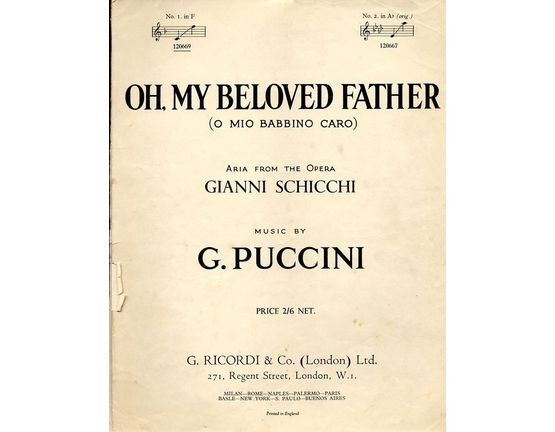 5038 | Oh My Beloved Father -  O mio babbino caro, aria from the opera Gianni Schicchi in the key of F major for Low voice