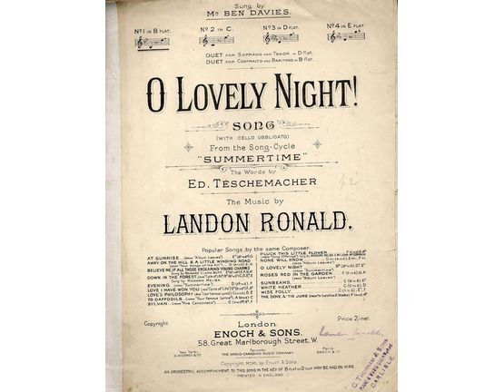 5181 | O Lovely Night  - from "Summertime"  - Song Cycle  - In the key of B flat major for low voice