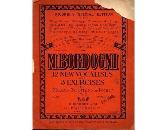 5409 | M. Bordogni 12 New Vocalises and 3 Exercises for Mezzo-Soprano or Tenor - Op. 8 - Ricordi's Special Edition No. 114736 - Vol. 34