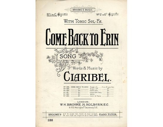 6218 | Come Back to Erin - Song - In the key of C major
