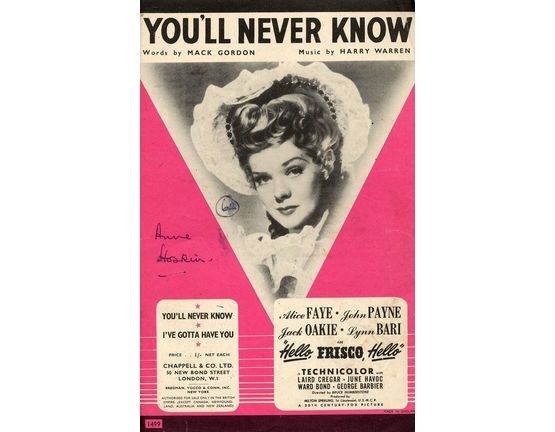 6653 | You'll Never Know - from "Hello Frisco, Hello" - Song