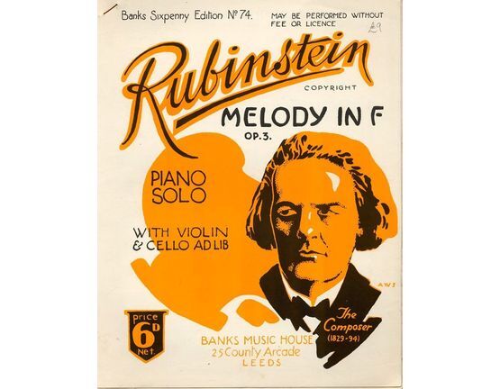 6989 | Rubinstein Melody In F - With Violin and Cello ad lib.- Op. 3 - Banks Sixpenny Edition No. 74