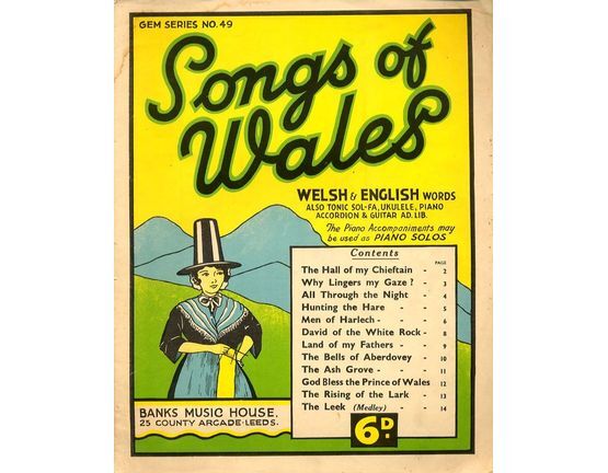 6989 | Songs of Wales - Gem Series No. 49 - Welsh & English Words - Also Tonic Sol-Fa, Ukulele, Piano Accordion & Guitar Ad-Lib