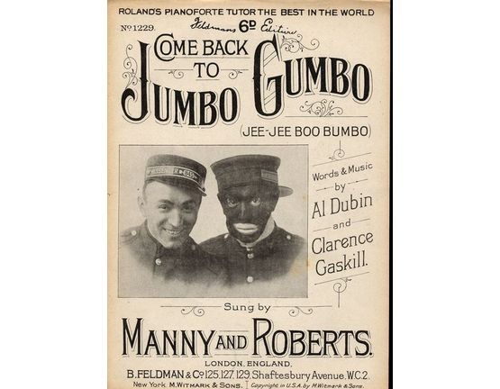 7791 | Come Back to Jumbo Gumbo (Jee-Jee Boo Bumbo) - Sung by Manny and Roberts - For Piano and Voice - Feldmans 6d edition No. 1229