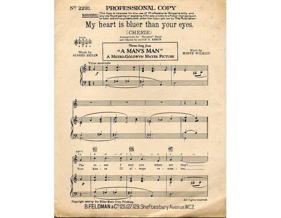 7791 | My heart is bluer than your eyes (Cherie) - Theme song from the MGM picture "A Man's Man" - For Piano and Voice with Ukulele chord symbols - Professio