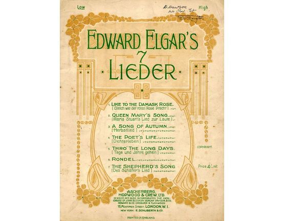 7809 | Edward Elgar's 7 Lieder - 7 Songs Edward Elgar - For low Voice