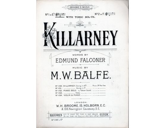7825 | Killarney - Song - In the key of E flat major for lower voice