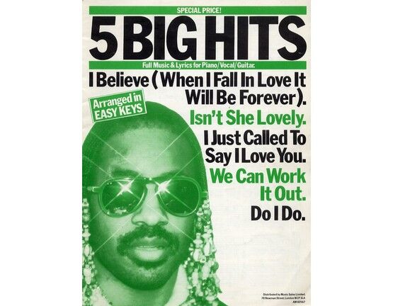 7849 | Stevie Wonder - 5 big hits arranged in easy keys for piano, vocal and guitar