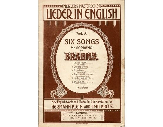 7862 | Brahms - Six Songs for Soprano - Volume 9 Metzler's Mastersongs Lieder in English
