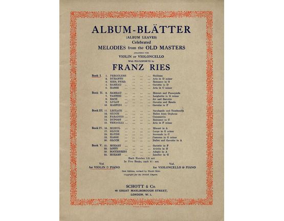 7947 | Album Blatter (Album Leaves) - Book I -  Celebrated Melodies from the Old masters - Arranged for Violin or Violoncello with Pianoforte
