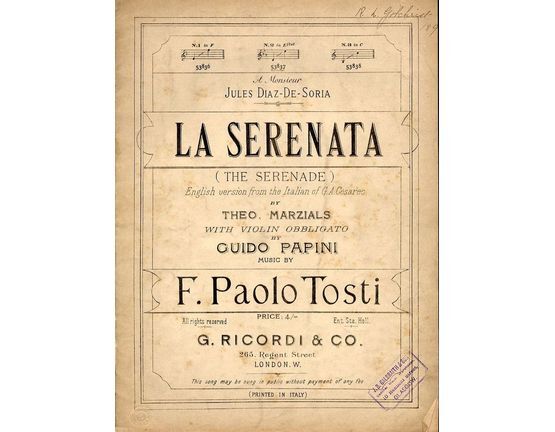 7966 | La Serenata (The Serenade) - English Version - With Violin obbligato - In the key of E flat major