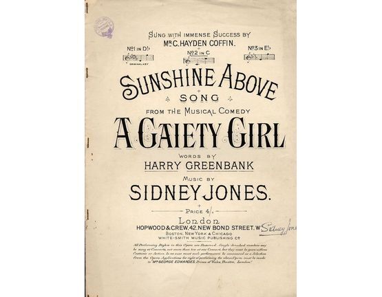 7993 | Sunshine Above - Song in the key of C major for Medium Voice - Compass C to E - From the musical "A Gaiety Girl"