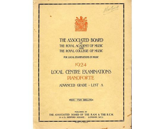 8545 | The Associated Board of the Royal Academy of Music and The Royal College of Music for Local Examinations in Music - 1924 Local Centre Examinations for