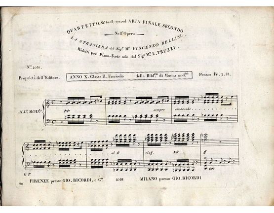 9057 | Quartetto "Si tu il sei" - Aria Finale Secondo from the Opera "La Straniera" - Reduction for  Piano Solo  - Anno X. Classe II. Fascicolo della Biblca