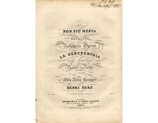9156 | Non Piu Mesta - Cavatina from Rofsini's Opera "La Cenerentola" with variations for the Piano Forte - Composed and Dedicated to Mifs Anna Kerrison