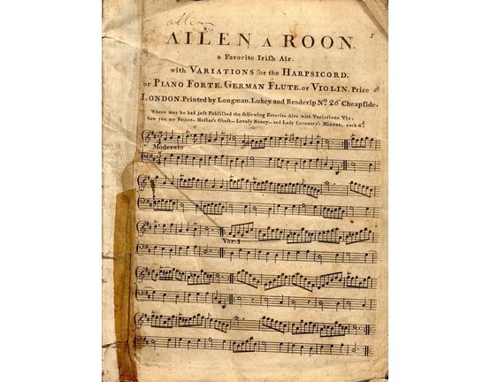 9223 | Ailen a Roon - A Favourite Irifh Air - With Variations for the Harpsichord or Piano Forte, German Flute or Violin