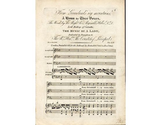 9459 | From Greenland's Icy Mountains - A Hymn for Three Voices - Dedicated by Permifsion to The Right Hon. The Countefs of Liverpool - For 2 Soprano's, Bass