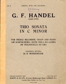 Handel - Trio Sonata in C Minor - For Treble Recorder, Violin and Piano (Or Harpsichord) with Viola da Gamba or Violoncello ad. lib