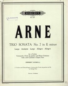 Arne - Trio Sonata No. 7 in E Minor - For 2 Violins and Piano, Cello ad. lib or String Trio