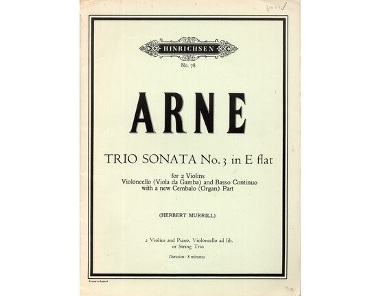 10475 | Arne - Trio Sonata No. 3 in E Flat - For 2 Violins and Piano, Cello ad. lib or String Trio