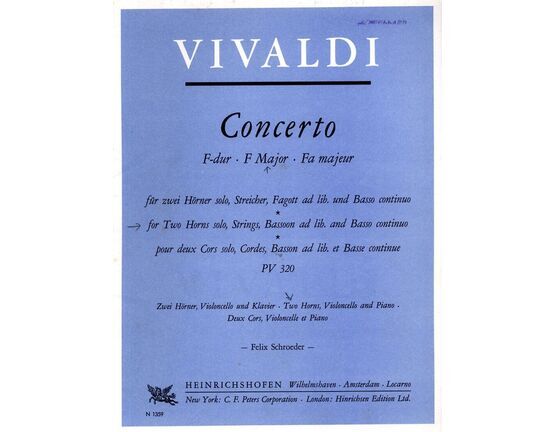 10894 | Vivaldi - Concerto F Major - For Two Horns Solo, Strings, Bassoon ad lib. and Basso Continuo - Two Horns, Violoncello and Piano - PV 320