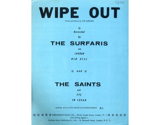 13264 | Wipe Out - Song arranged for the Guitar - Recorded by The Surfaris and The Saints
