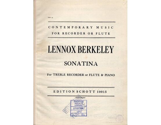 189 | Berkeley - Sonatina - For Treble Recorder or Flute &amp; Piano - RMS. 34 - Edition Schott 10015