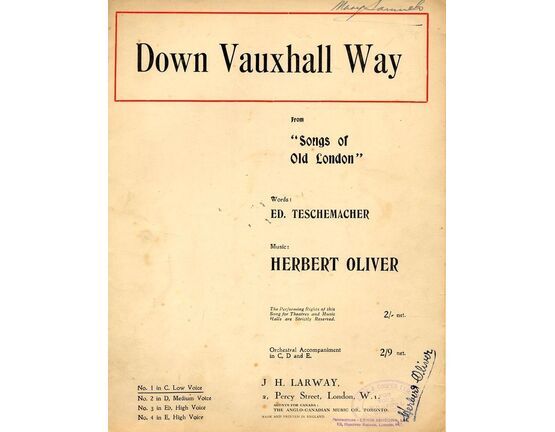 4469 | Down Vauxhall Way - from &quot;Songs of old London&quot; -  Key of C major for low voice