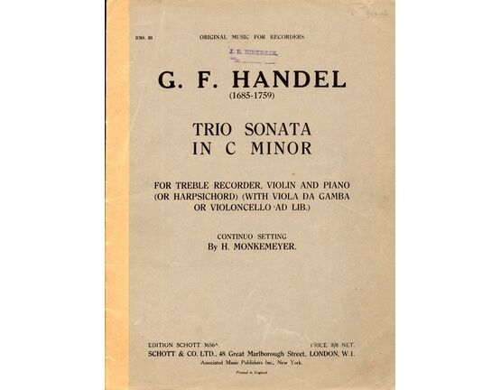 4864 | Handel - Trio Sonata in C Minor - For Treble Recorder, Violin and Piano (Or Harpsichord) with Viola da Gamba or Violoncello ad. lib