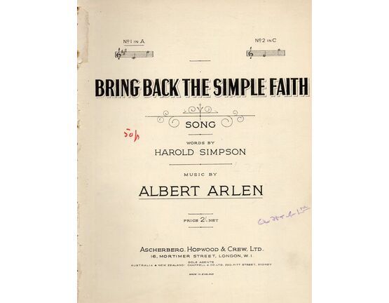 5152 | Bring Back the Simple Faith - Song in the Key of A Major - For Low Voice