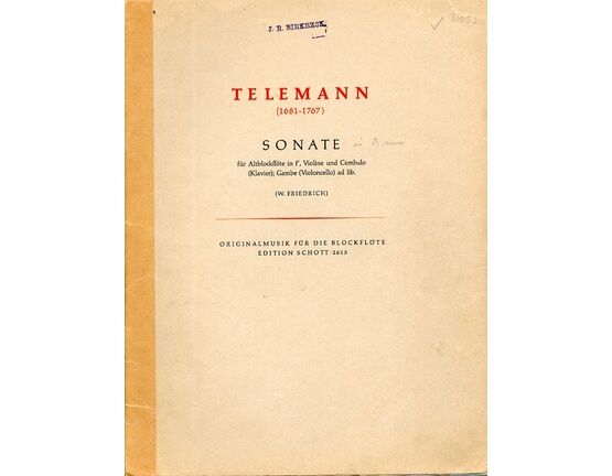 6847 | Telemann - Sonate - Fur Altblockflote in F&#039;, Violine und Cembalo (Klavier); Gambe (Violoncello) ad lib.