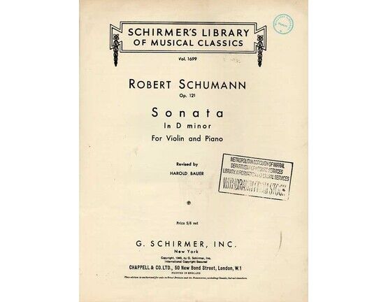 6953 | Schumann - Sonata in D Minor for Violin and Piano - Op. 121 - Schirmer&#039;s Library of Musical Classics Vol. 1699