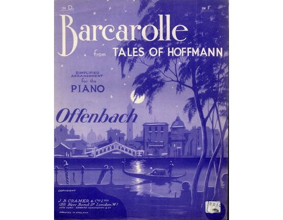 7862 | Barcarolle - From &quot;The Tales of Hoffmann&quot; - Simplified Arrangement for the Piano - in the key of D major