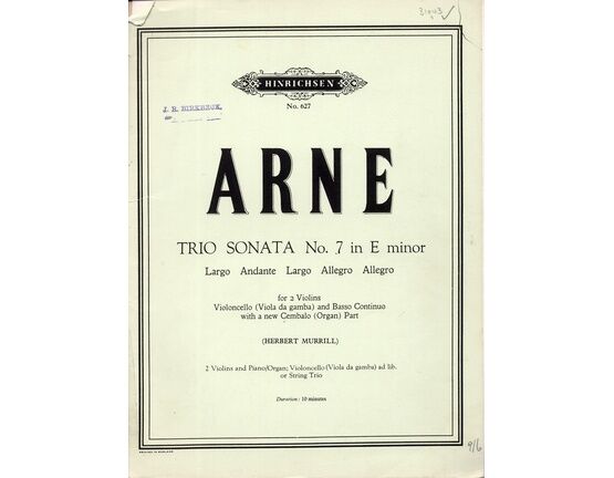7911 | Arne - Trio Sonata No. 7 in E Minor - For 2 Violins and Piano, Cello ad. lib or String Trio
