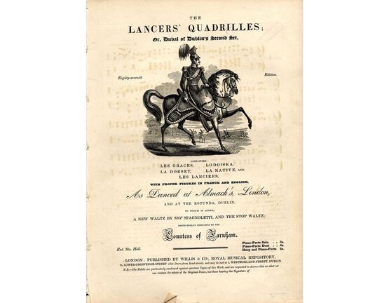 7934 | The Lancers Quadrilles or Duvals Second Set - As danced at Almack&#039;s London &amp; at the Rotunda, Dublin - Respectfully dedicated to The Countess of Farnha