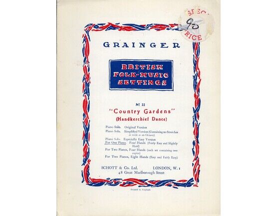 7947 | Country Gardens (Handkerchief Dance) - British Folk Music Settings No. 22 - Piano Duet - Four One Piano, Four Hands (Fairly easy and Slightly Hard)