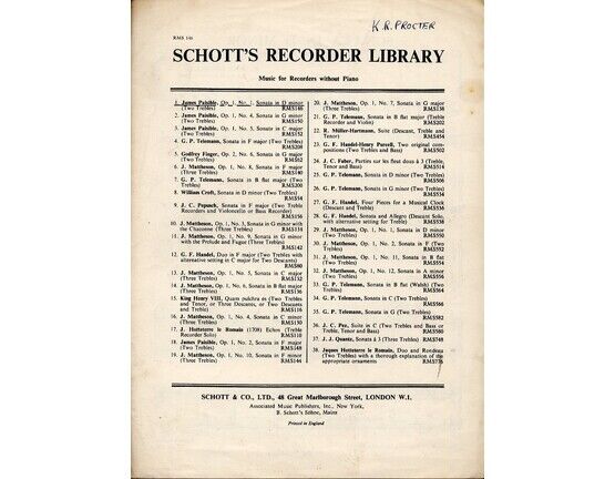 7947 | Paisible - Sonata in D Minor - For Two Treble Recorders - Op. 1, No. 1 - Schott&#039;s Recorder Library RMS 146