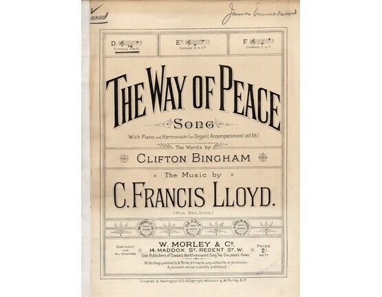 7971 | The Way of Peace - Song - in the key of D major for low voice with Piano and Harmonium or organ accompaniment Ad Lib