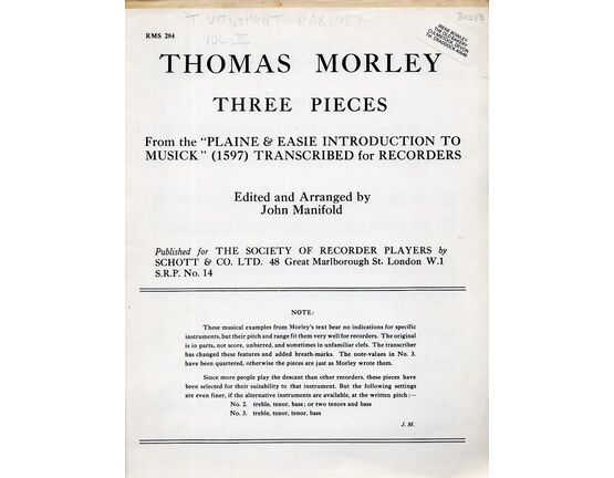 8549 | Morley - Three Pieces from the Plaine &amp; Easie Introduction to Musick - Transcribed for Recorders