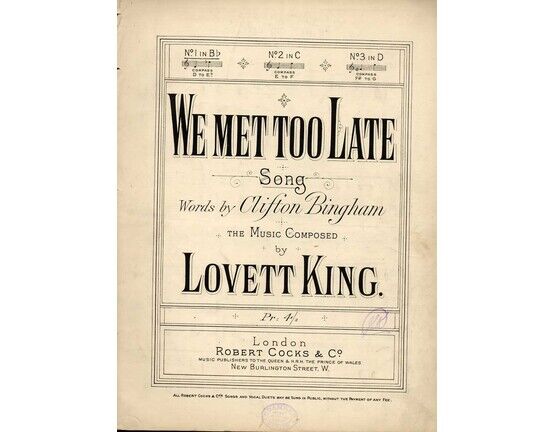 8890 | We Met Too Late - Song in the Key of B flat Major - For Low Voice, with Piano accompaniment