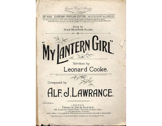 9652 | My Lantern Girl - Sung by Miss beatrice Allen - Francis, Day and Hunter sixpenny popular edition No. 816